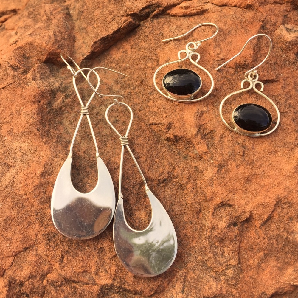 Two pair earrings sterling silver & onyx drop